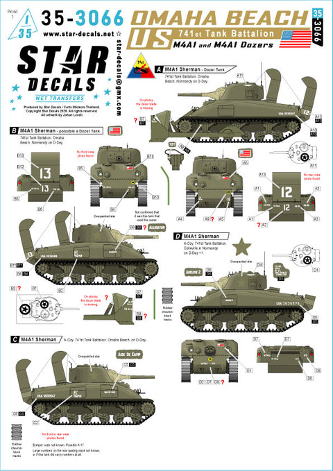 スターデカール 35-3066 1/35 アメリカ 第741戦車大隊 - オマハ海岸. M4A1 シャーマン / M4A1 シャーマン ドーザー戦車.