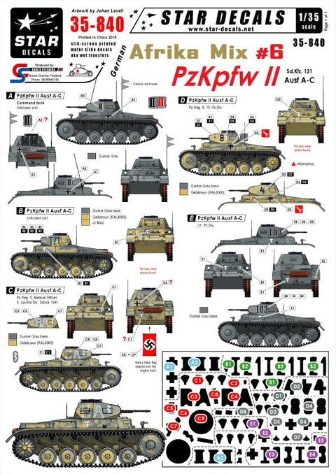 スターデカール 35-840 1/35 ドイツ アフリカ軍団ミックス #6-II号戦車 A-C型