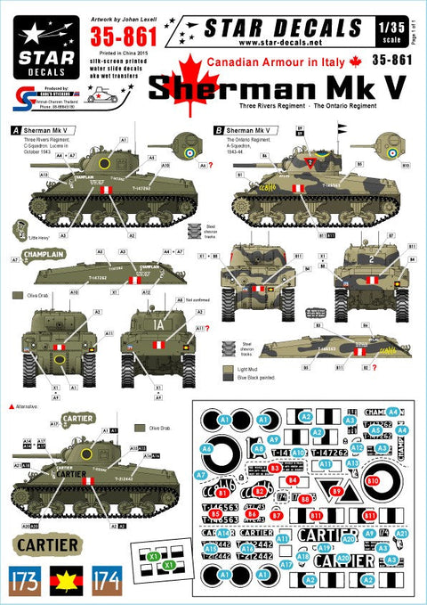 スターデカール 35-861 1/35 カナダ軍装甲車両 イン イタリア シャーマン Mk V - スリーリバー連隊, オンタリオ連隊