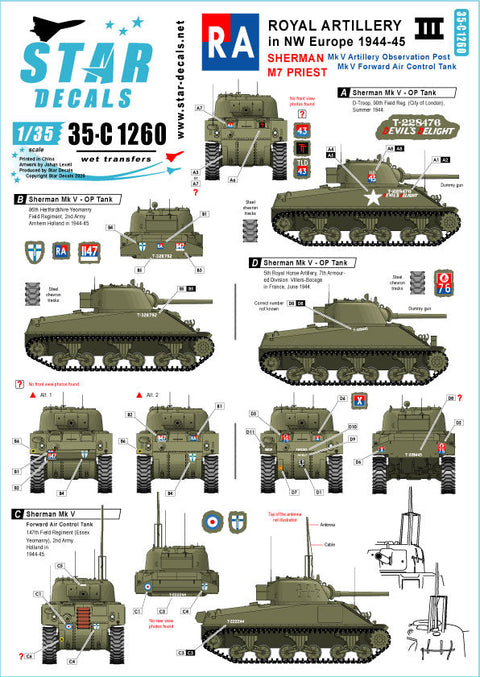 スターデカール STAR-35-C1260 1/35 WWII イギリス王立砲兵隊♯3 北西ヨーロッパのシャーマンOP戦車 M7プリースト