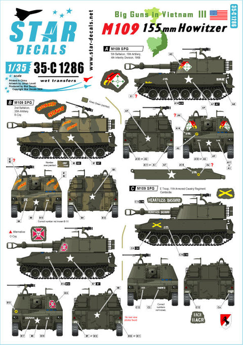 スターデカール 35-C1286 1/35 ビッグガンズインベトナム # 3. 自走砲 M109 155mm 自走砲.