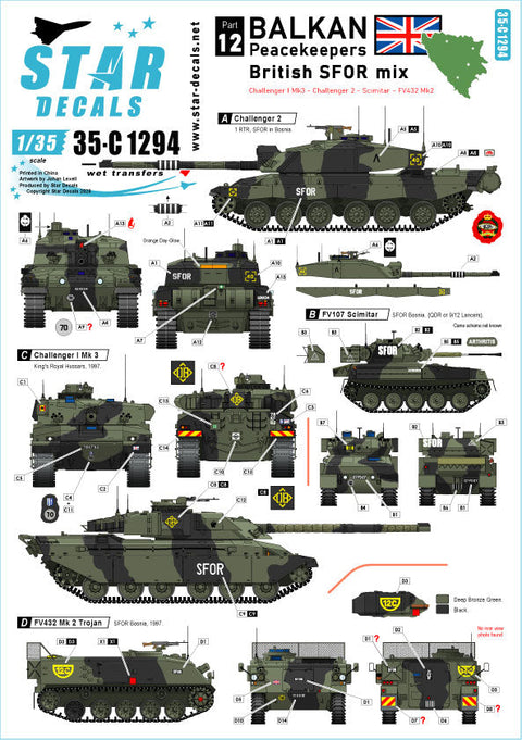 スターデカール 35-C1294 1/35 バルカン半島の平和維持軍 # 12. イギリス 平和安定化部隊ミックス. チャレンジャー I, チャレンジャー 2, シミター CVR(T) and FV432.