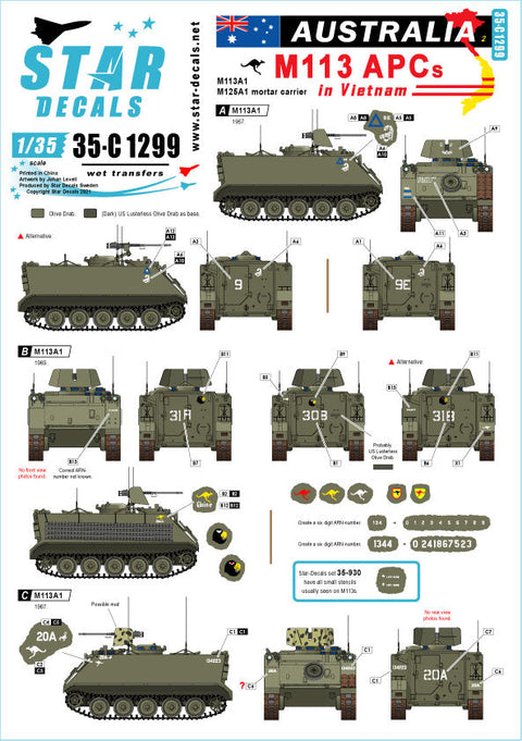 スターデカール 35-C1299 1/35 ベトナムでのオーストラリア軍 # 2. オージー M113 APCs. M113A1 and M125A1 自走迫撃砲.