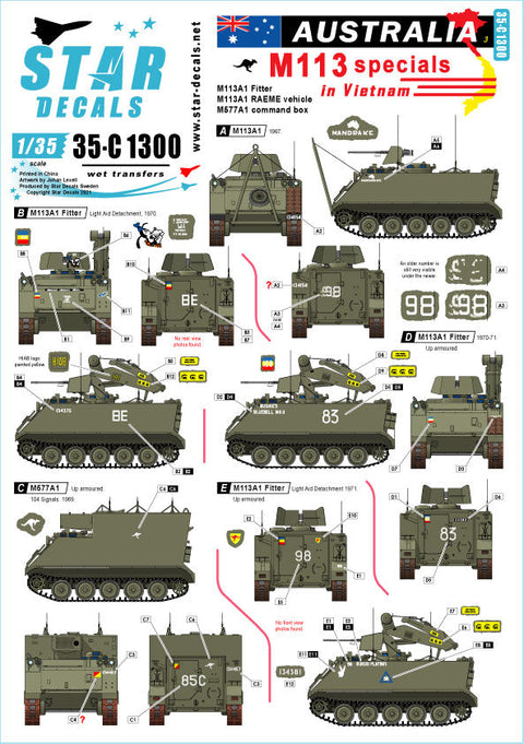 スターデカール 35-C1300 1/35 ベトナムでのオーストラリア軍 # 3. オージースペシャル M113s. M113A1 フィッター, M113A1 RAEME and M577 コマンドポスト