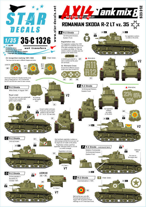 スターデカール 35-C1326 1/35 WWII 枢軸軍に参加した東ヨーロッパの戦車#8 ルーマニアのシュコダR-2 LTvz 35