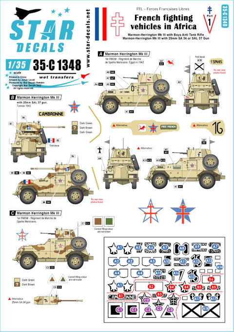 スターデカール 35-C1348 1/35 アフリカにおけるフランスの戦闘車両(マーモン・ヘリントンMkⅢ)
