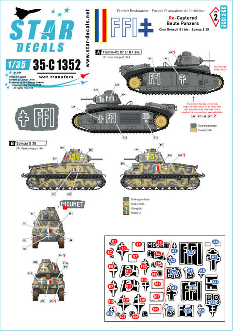 スターデカール 35-C1352 1/35 フランスのレジスタンス #1 奪還された 戦利品の戦車