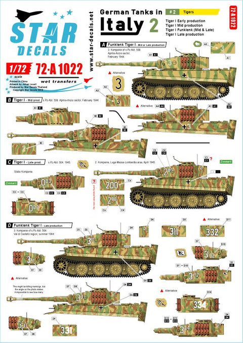スターデカール 72-A1022 1/72 イタリア戦線のドイツ戦車#2 タイガーI初期型 タイガーI中期型 タイガーI後期型
