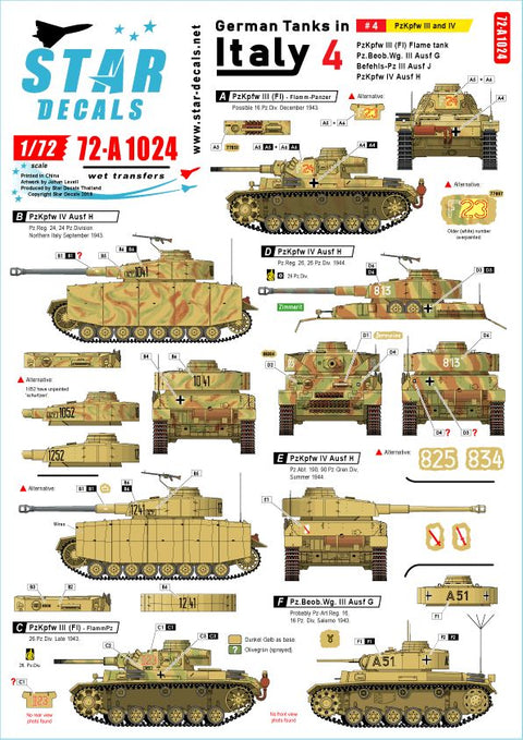 スターデカール 72-A1024 1/72 イタリア戦線のドイツ戦車#4 III号戦車火炎放射型 III号戦車G/J型 IV号戦車H型