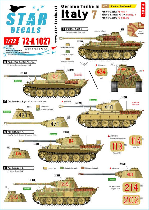 スターデカール 72-A1027 1/72 イタリア戦線のドイツ戦車#7 パンサーA型及びパンサーG型