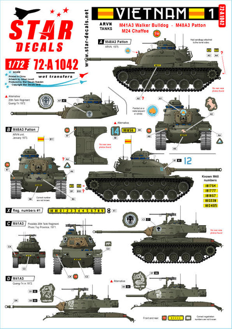 スターデカール 72-A1042 1/72 ベトナム#1 ベトナム共和国陸軍 南ベトナムのM24チャーフィー/M41 ウォーカー・ブルドッグ/M48A3 パットン