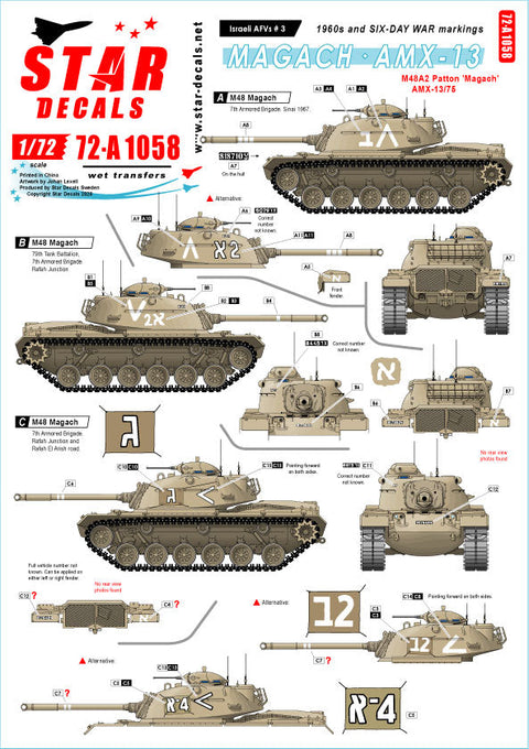 スターデカール 72-A1058 1/72 IDFのAFV#3 1960年代と六日間戦争時のIDFマーキング集 M48マガフ &6AMX-13