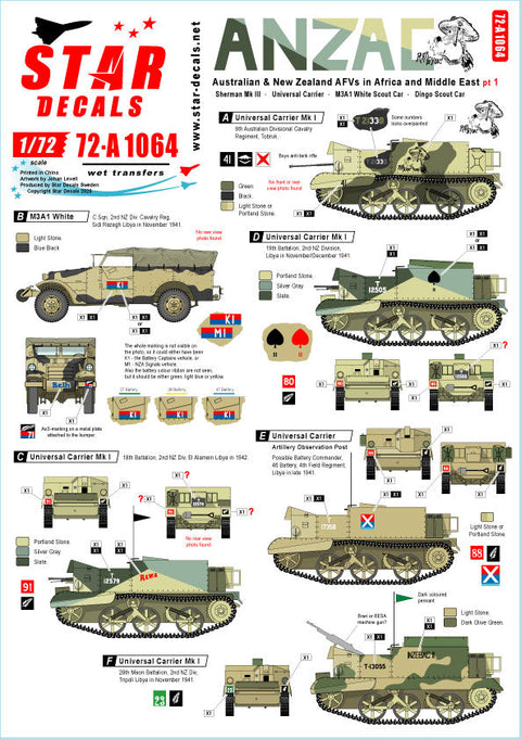 スターデカール 72-A1064 1/72 オーストラリア・ニュージーランド軍団 # 1. ニュージーランドとオーストラリアの戦車 & アフリカと中東のAFV WWII.