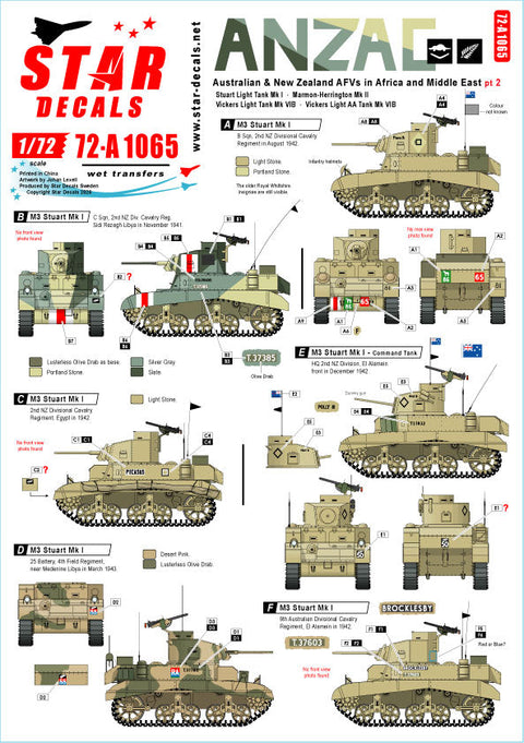 スターデカール 72-A1065 1/72 オーストラリア・ニュージーランド軍団 # 2. ニュージーランドとオーストラリアの戦車 & アフリカと中東のAFV WWII.