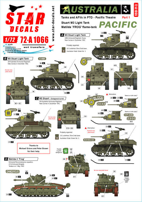 スターデカール 72-A1066 1/72 太平洋戦線のオーストラリア軍 # 1. 太平洋戦域 オーストラリア軍の スチュアートとマチルダ "フロッグ"
