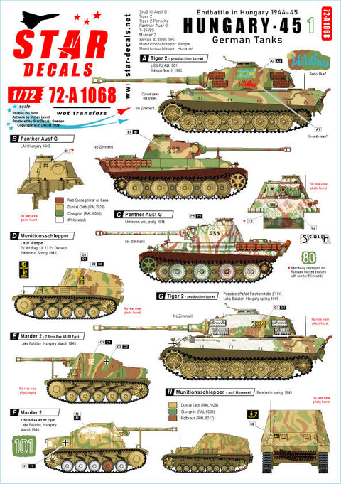 スターデカール 72-A1068 1/72 ハンガリー ’45 # 1. ドイツ軍戦車 と AFV ハンガリー 1944-45.