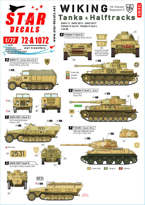 スターデカール 72-A1072 1/72 ヴィーキング # 3. 第5SS装甲師団. 戦車 & ハーフトラック. IV号戦車 G型 & J型, SdKfz 11, SdKfz 251 & T-34-85