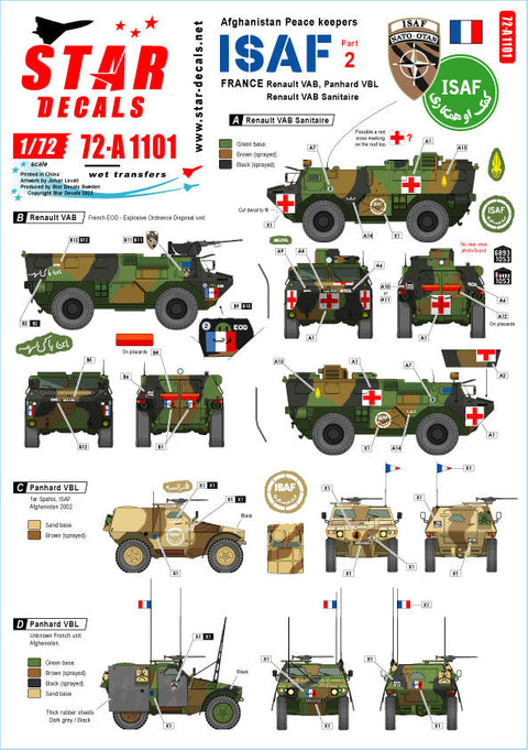 スターデカール 72-A1101 1/72  国際治安支援部隊-アフガニスタン # 2. フランスの平和維持軍 ルノー VAB, VAB サニタリー, パナール VBL