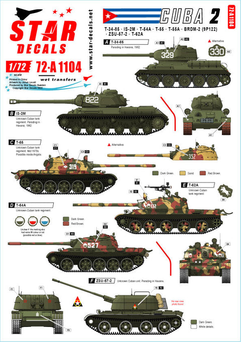スターデカール 72-A1104 1/72 キューバ危機の戦車・ AFV # 2. T-34/85, IS-2M, T-54A, T-55, T-55A, T-62A, ZSU-57-2, BRDM-2 (9P122)