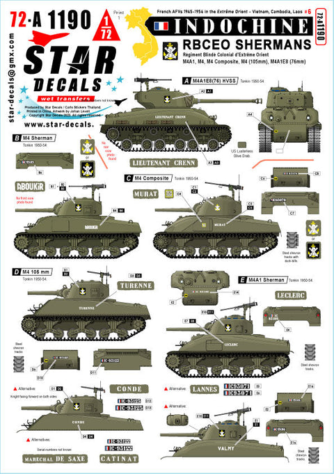 スターデカール 72-A1190 1/72 現用 フランス インドシナ戦争#6 R.B.C.E.O.のシャーマン戦車 M4/M4A1/M4コンポジット/M4(105mm)/M4A1E8(76mm)