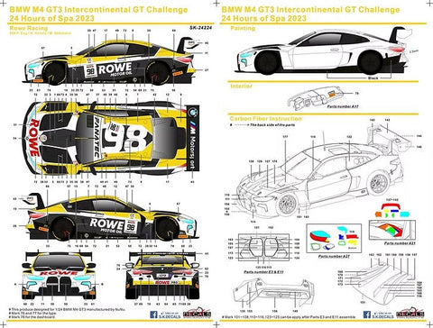 SKデカール SK24224 1/24 BMW M4 GT3 インターコンチネンタルGTチャレンジ スパ24時間2023 Roweレーシング #98(NuNu用)
