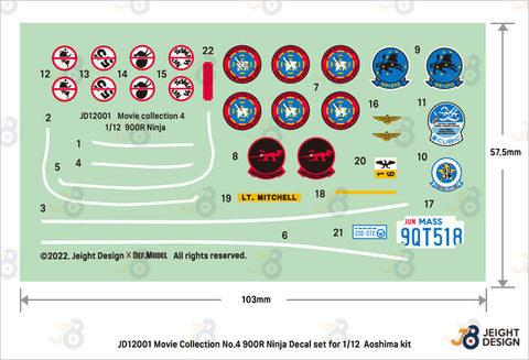 DEFモデル JD12001 1/12 GPZ900R Ninja デカールセット - ムービーコレクション No.4 (アオシマ用)