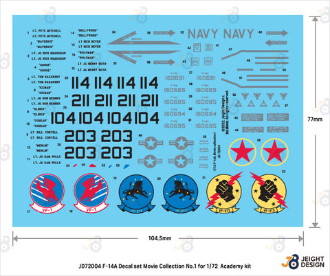 DEFモデル JD72004 1/72 F-14 デカールセットムービーコレクション No.1 (アカデミー F-14A用)