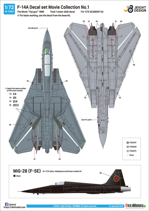 DEFモデル JD72004 1/72 F-14 デカールセットムービーコレクション No.1 (アカデミー F-14A用)