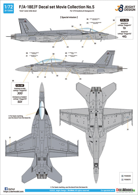 DEFモデル JD72006 1/72 F/A-18E/F デカールセットムービーコレクション No.5(アカデミー/ ハセガワ 1/72用)
