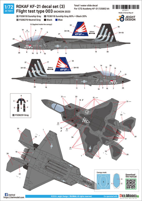 DEFモデル JD72011 1/72 韓国空軍 KF-21 ポラメ 3 - フライトテスト No.003 サチョン2023 (アカデミー用)
