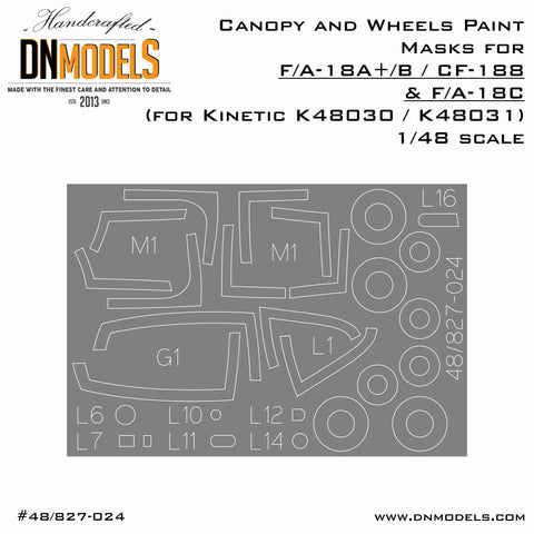DNモデル 48/827-024 1/48 F/A-18A+/B/C & CF-188 ホーネット用キャノピー&ホイール塗装マスク(キネティック K48030,48031用)