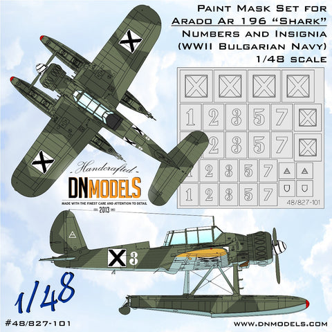 DNモデル 48/827-101 1/48 アラド Ar 196"シャーク"記章&ナンバー - 第二次世界大戦ブルガリア海軍ペイントマスクセット(タミヤ,イタレリ,MPM,ヒストリックプラスチックモデルス用)