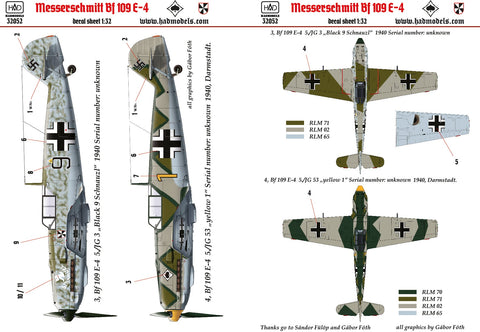 HADモデル 32052 1/32 メッサーシュミット Bf 109 E-4 デカールシート