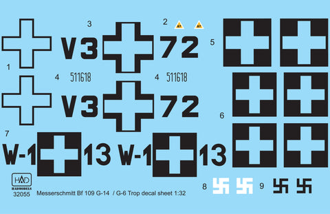 HADモデル 32055 1/32 メッサーシュミット Bf 109 G-6 G-14 (V3+72 ; W1+13) デカールシート
