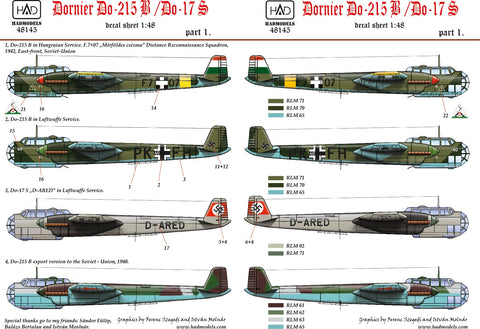 HADモデル 48145 1/48 ドルニエ Do-215 B/Do-17S ( ( ハンガリー、ロシア、ギリシャ) デカールシート