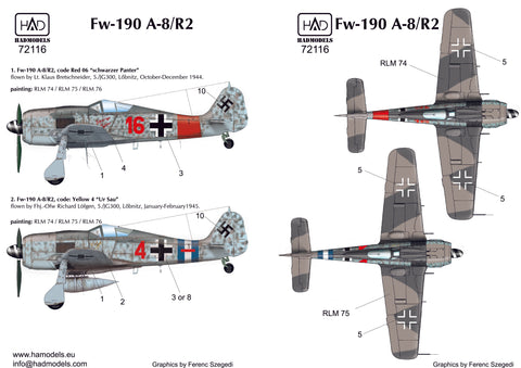 HADモデル 72116 1/72 Fw 190 A-8 /R2 (ur So red 16, red 4 Schwarzer panther) デカールシート