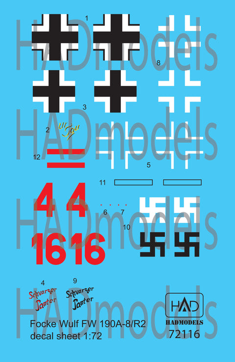 HADモデル 72116 1/72 Fw 190 A-8 /R2 (ur So red 16, red 4 Schwarzer panther) デカールシート