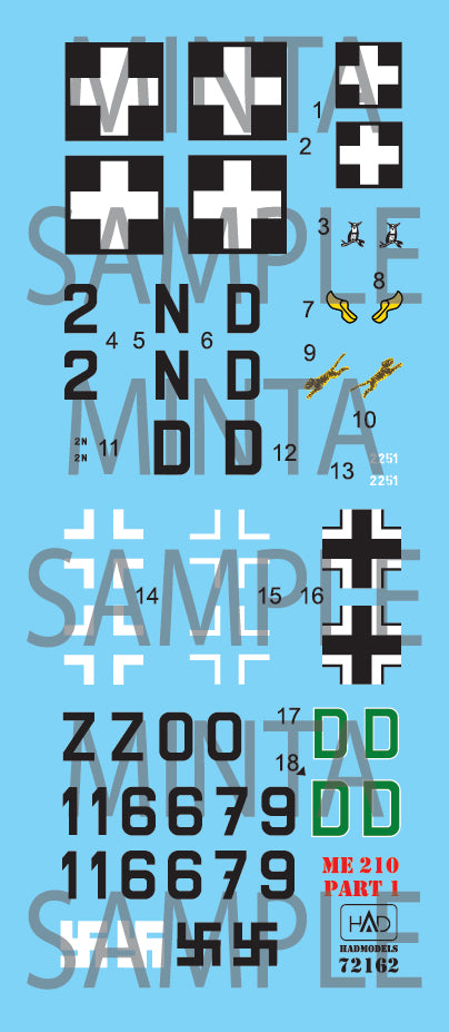 HADモデル 72162 1/72 Me 210 パート1 デカールシート