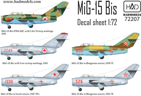 HADモデル 72207 1/72 MiG-15 Bis(北朝鮮、ソ連、ハンガリー)デカールシート