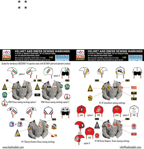 HADモデル E321007 1/32 F-14A/D ヘルメットとドレスの縫製マーキング VF-2 VF-101 VF-31 デカールシート