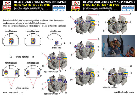HADモデル E721003 1/72 ウクライナのSu-27B/UB縫製パッチとヘルメットマーキングデカールシート