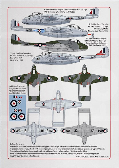 キッツワールド KW148247 1/48 デ・ハビランド バンパイア F3/F5 - General Markings RAF/RCAF/RAAF