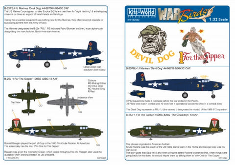 キッツワールド KW132042 1/32 アメリカ海兵隊 PBJ-1 ミッチェル `Devil Dog`,アメリカ陸軍 B-25J ミッチェル 第42爆撃飛行隊 第100爆撃飛行隊 `1 For the Gipper