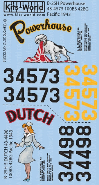 キッツワールド KW132044 1/32 アメリカ陸軍 B-25H ミッチェル 第42爆撃飛行群 第100爆撃飛行隊 `Power House` 1943 , `Dutch` 1943
