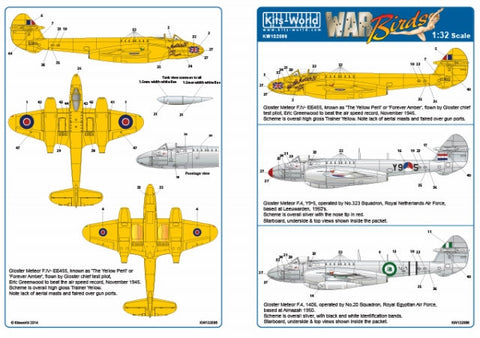 キッツワールド KW132086 1/32 グロスターミーティア F4 [イギリス空軍 `The Yellow Peril`,`Forever Amber`/オランダ空軍 第323飛行隊/エジプト空・・・