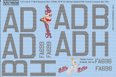 キッツワールド KW132134 1/32 WWII イギリス空軍 B-17 Mk.III `Borganes Bess` & `Hekla Hettie` ノーズアート機デカール