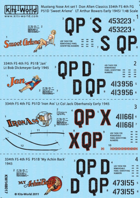 キッツワールド KW148017 1/48 WWII アメリカ陸軍 P-51D マスタング `Sweet Arlene` `Jan` `Iron Ass` `My Achin Back`