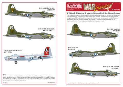 キッツワールド KW148025 1/48 B17 General Markings - Aircraft ID Numbers & Lettering (Camouflage Finish)