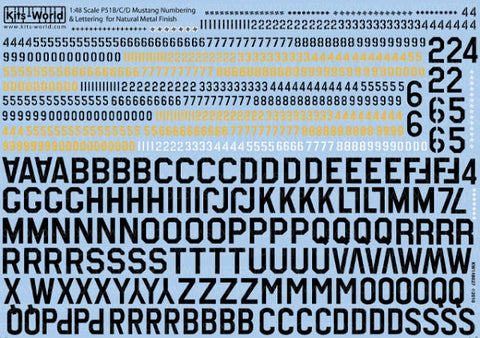 キッツワールド KW148027 1/48 WWII アメリカ陸軍 P-51 マスタング(無塗装銀)用 汎用レター&ナンバーデカール