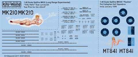 キッツワールド KW148045 1/48 スピットファイア Mk.VIII,IX アメリカ陸軍航空軍 テストパイロット `Tolly Hello`,イギリス空軍 第2飛行隊 `Pauline` インド